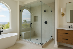 Upgraded bathroom with glass shower doors